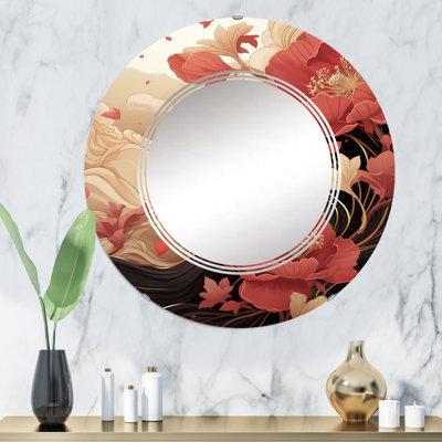 Miroir mural floral rond rouge sur fond rouge