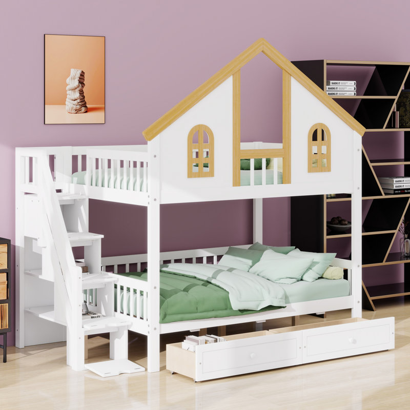 Lit superposé à thème House avec toit, fenêtre, rangement et escalier pour adolescents