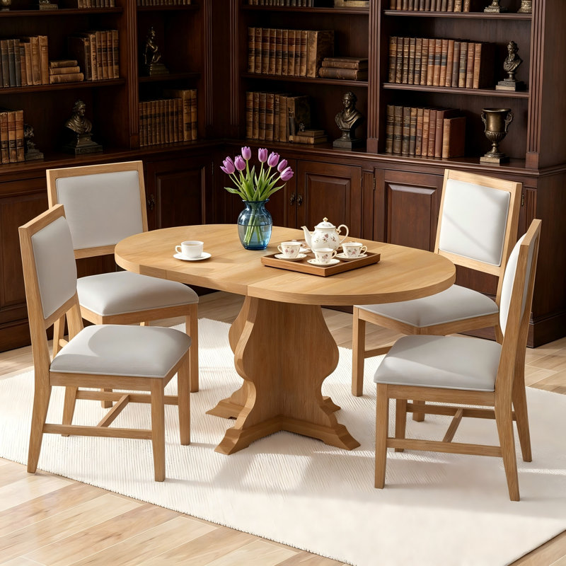 Ensemble de table de salle à manger extensible 5 pièces en bois de style campagnard avec rallonge de 15,7 po et 4 chaises rembourrées
