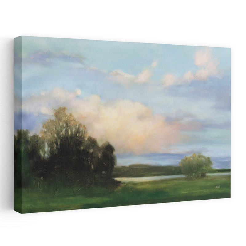 Riverside Reverie, paysage bleu contemporain, champ de nuages, H 24 po x l 16 po