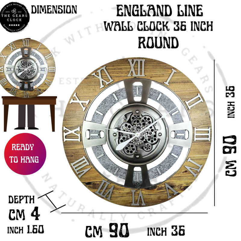 Wall Clock 24" Oversized for Living Room decor with Real Moving Gears England Collection, Wood Stone