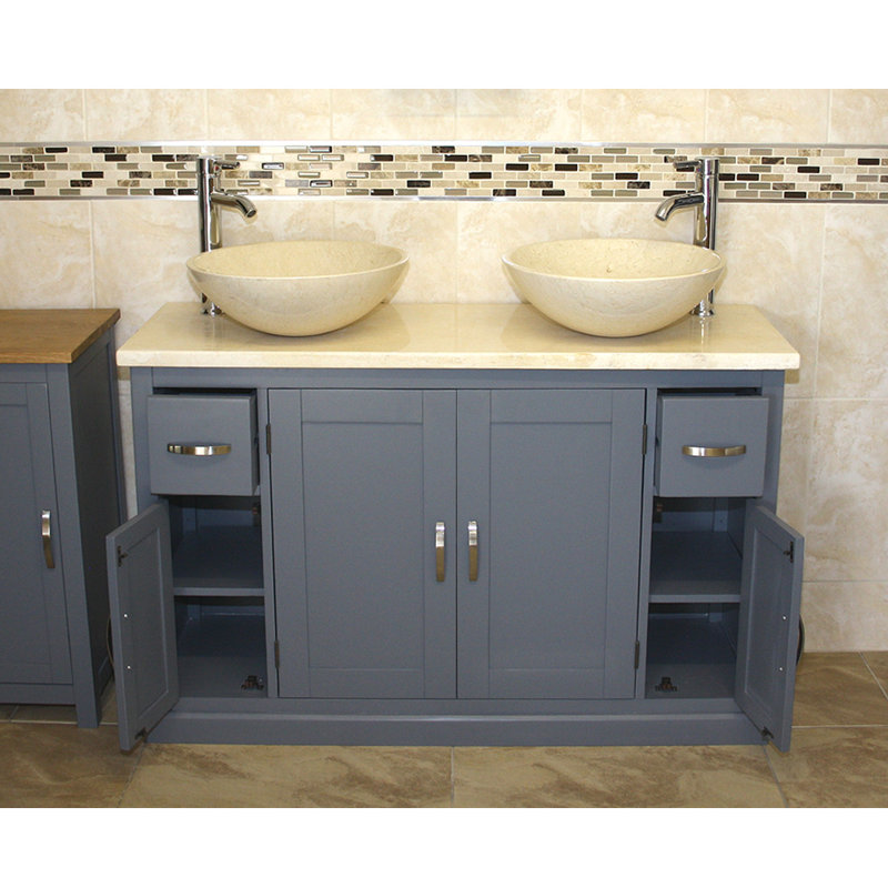 Eros 1230mm Double Bathroom Vanity with Vessel Stone Basin, Cream Marble