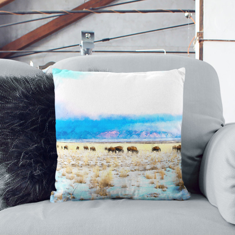 Grazing Bison in Utah Painting Cushion with Filling, 55cm H x 55cm W x 20cm D