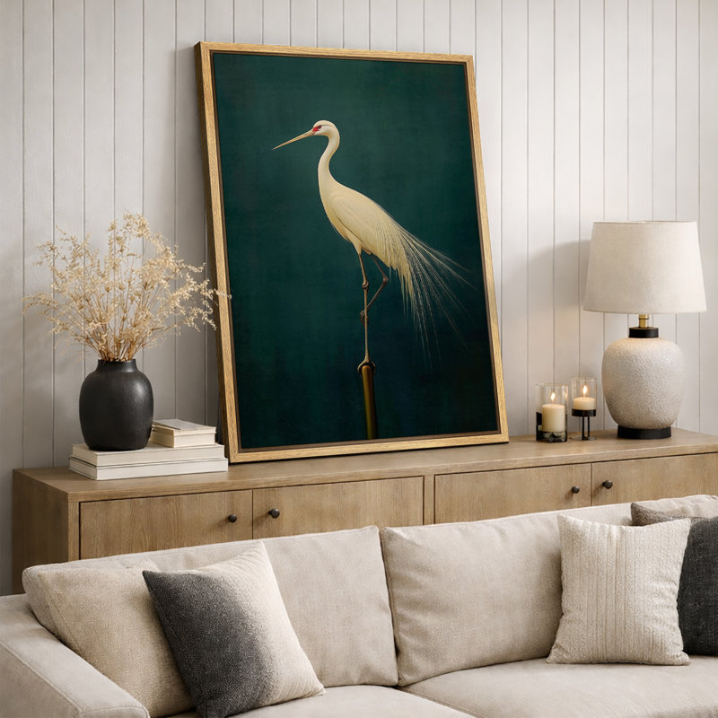 Oiseau aigrette vert rétro, photos de salle de bain rustique moderne, impression sur toile encadrée, Naturel