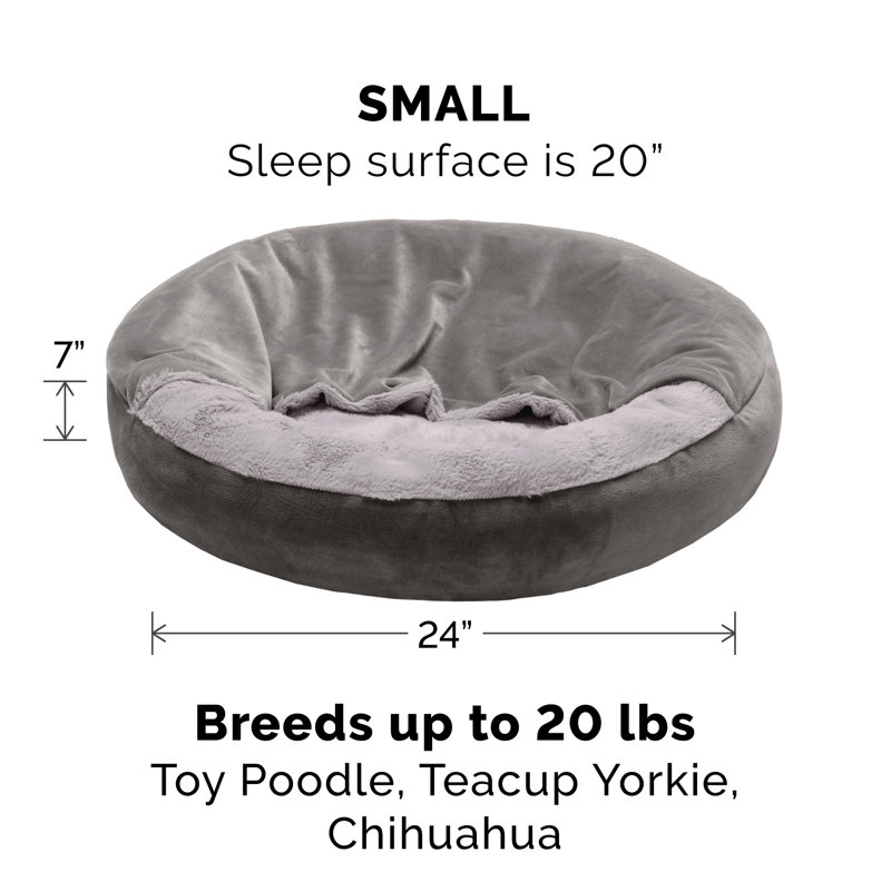 Velvet Wave Fur Hooded Donut Dog Bed, Small (24" W x 24" D x 7" H ), Dark Gray