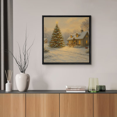 Cozy Christmas Cabin Snow Snowed Tree Winter Scene, reproduction d'art sur toile encadrée