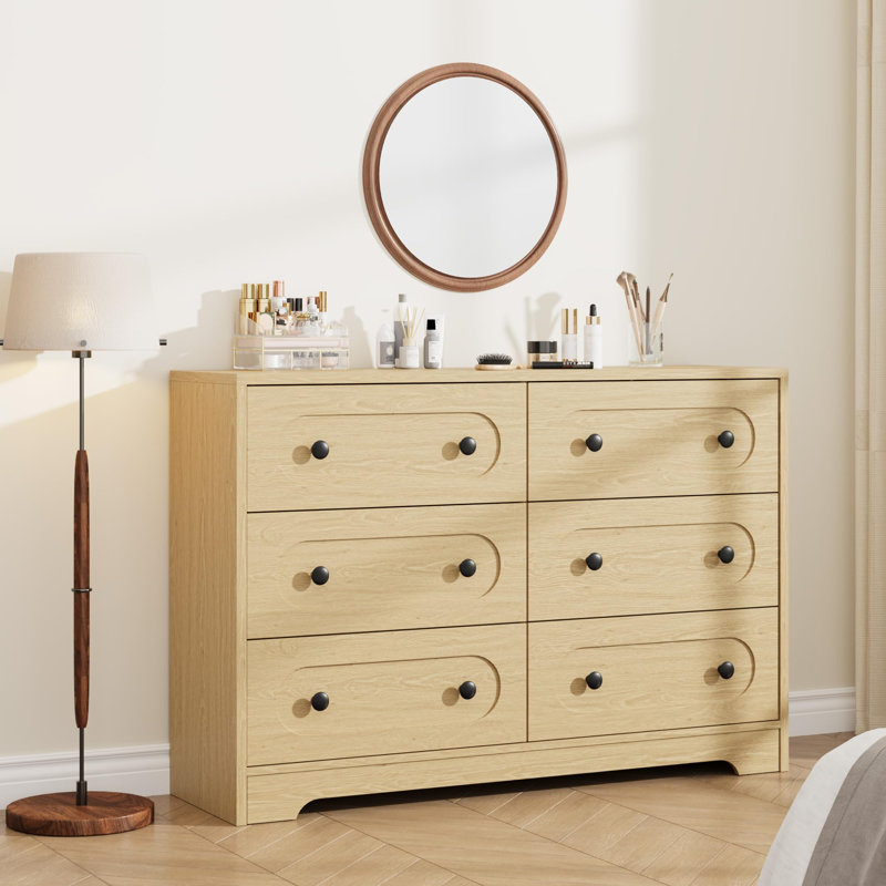 Grande commode de 47 po de largeur avec tiroirs profonds et boutons en métal pour le salon, le vestibule et le couloir, Beige