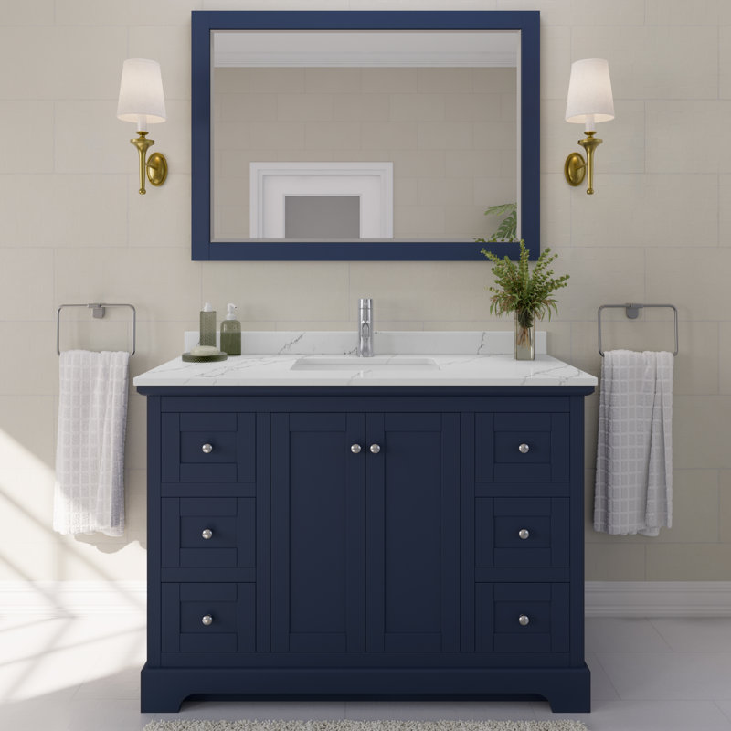 Avery 48'' Single Bathroom Vanity with Quartz Top, Giotto Quartz, Dark Blue, Polished Chrome
