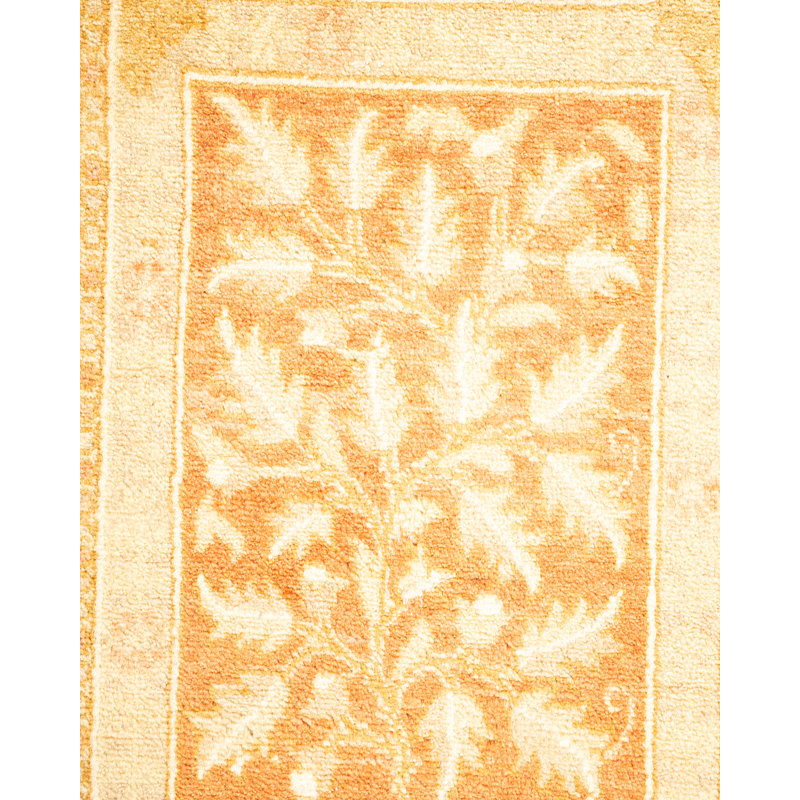 Ivory and Beige Hand-Knotted Wool Runner Rug with Floral Motif