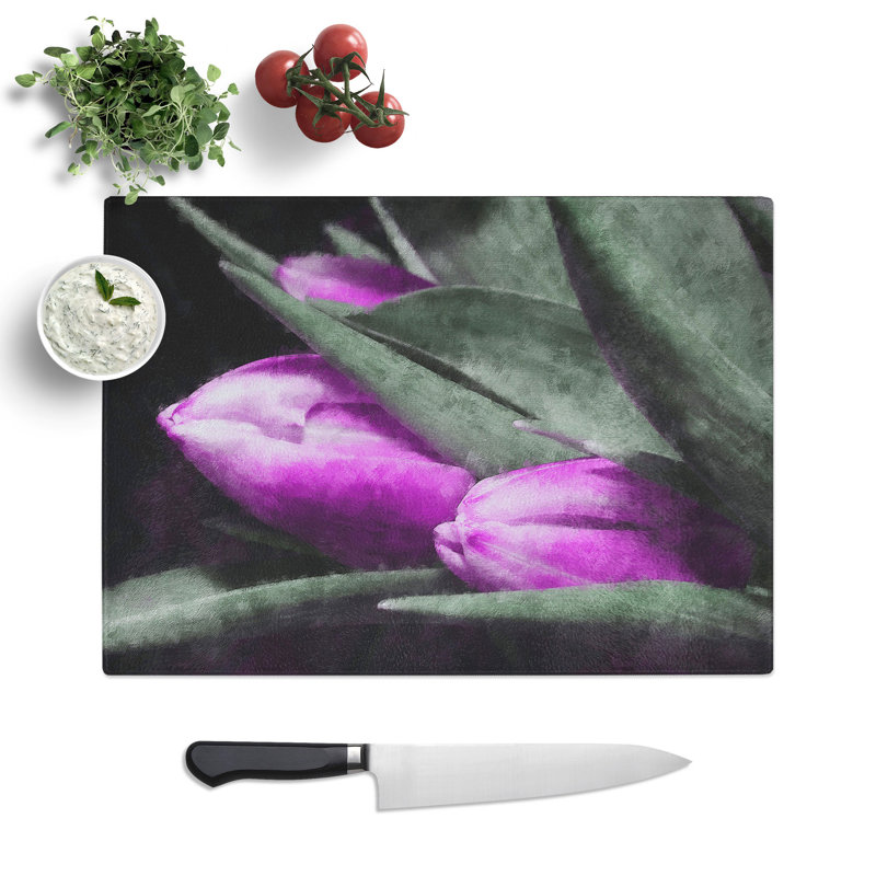 Tempered Glass Bunch of Purple Tulips Chopping Board, 20 cm x 28.5 cm