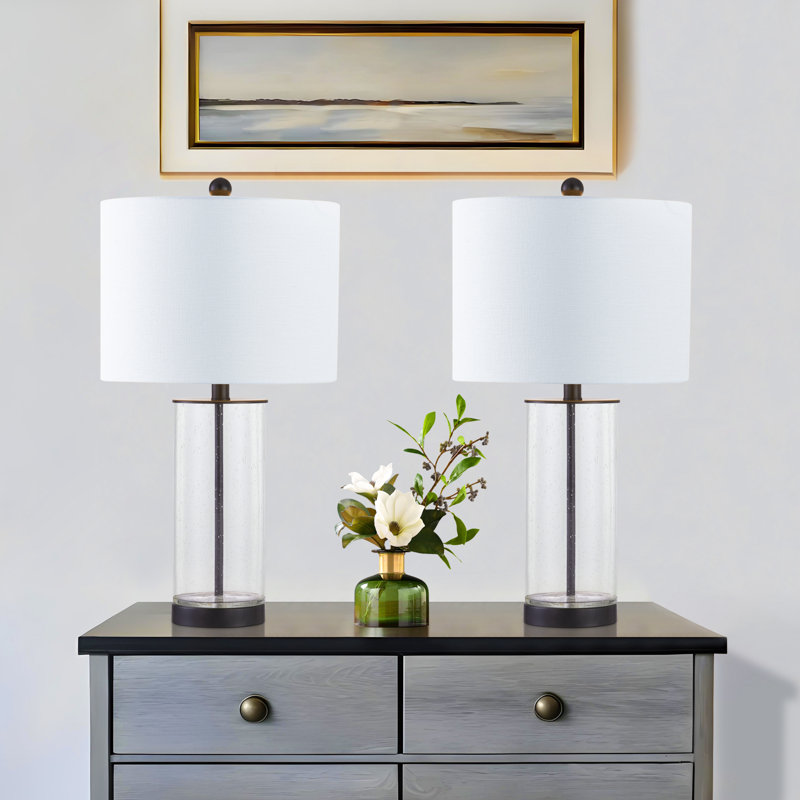 Brokk 23.5" Bubble Glass Table Lamp with 3-Way Dimming, Linen Shade and Metal Base for Living Room and Bedroom, Black