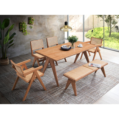 5 pièces, patio, finition naturelle, bois synthétique, taille de la table, détails du siège de la chaise d'appoint, poids, capacité, assemblage, finition fonctionnelle faite de bois sans banc de l 63 po x P 30 po