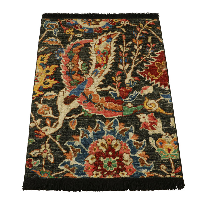 Rug & Kilim’S  Kerman Style Rug In Black With Colorful Floral Patterns, Rectangle 9' x 12'