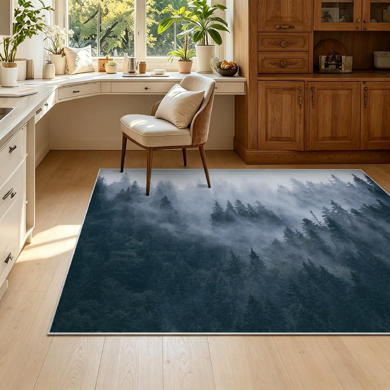 Green Landscape Fir Forest Hipster Vintage Pine Tree Fog Fantasy Beautiful Machine Washable Indoor Area Rug