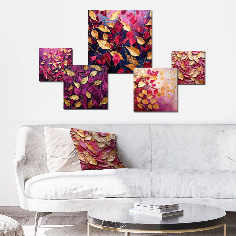 Feuilles dorées et roses avec feuillage - ensemble d'art mural de 6 feuilles