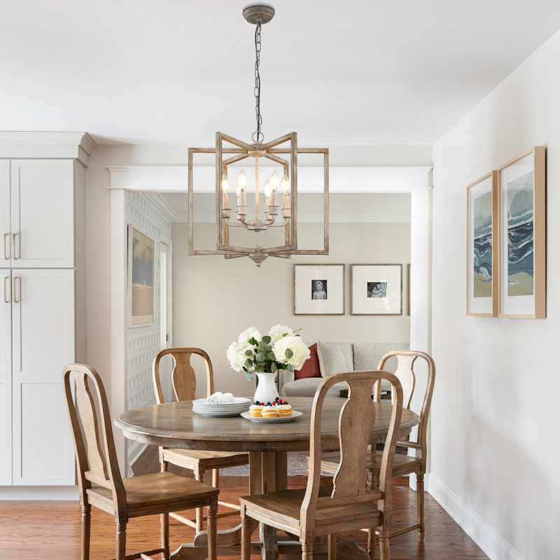 6 - Light 15.7" Cottage Distressed Wood Chandelier, Height Adjustable Farmhouse Geometric Chandelier
