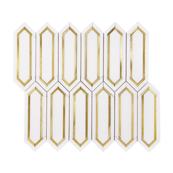 Thassos White Marble and Gold Metal Picket Wall Mosaic Tiles