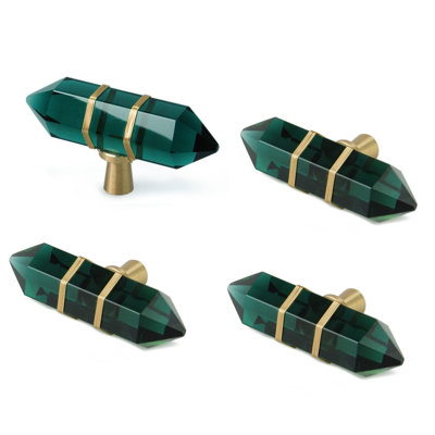 4 Pack Hexagonal Crystal Knobs Wire Wrapped Glass Brass Drawer Pull Cabinet Handle Gold Furniture Hardware for Dresser Kitchen (Green)