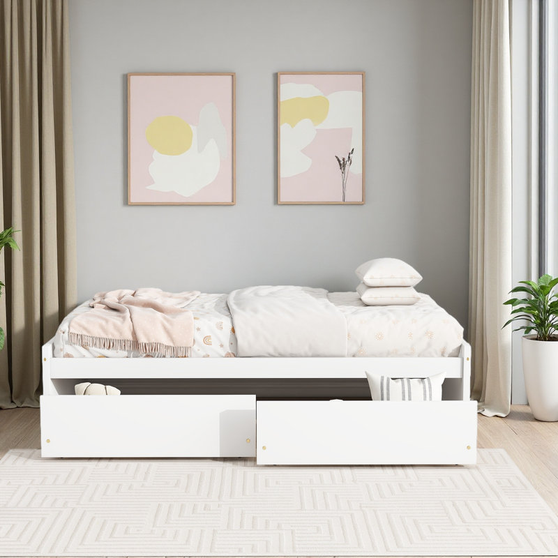 Lit simple avec 2 tiroirs, lit en bois d'hévéa massif, Blanc