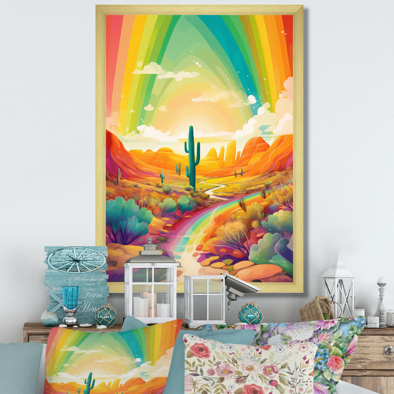Cactus dans le désert sous un arc-en-ciel de couleur vive I - impression, H 40 po x l 30 po x P 1,5 po