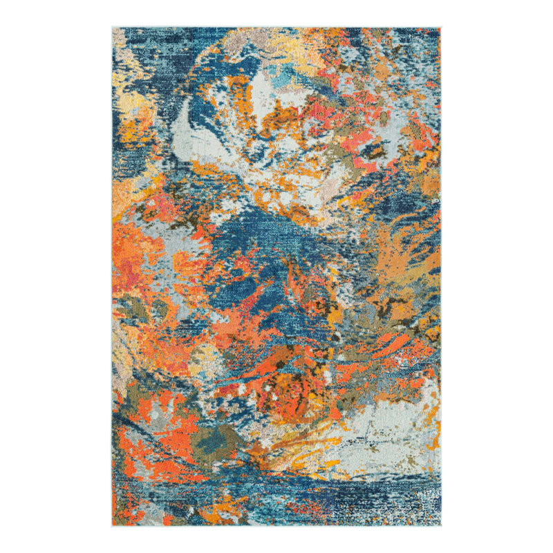 Tapis abstrait orange / bleu Octagon, Rectangle 6 pi x 9 pi