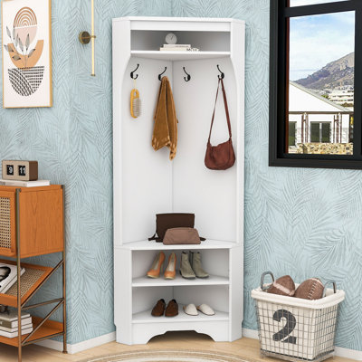 Modern Corner Hall Tree with Built-In Shoe Bench, Hooks and Storage Shelf