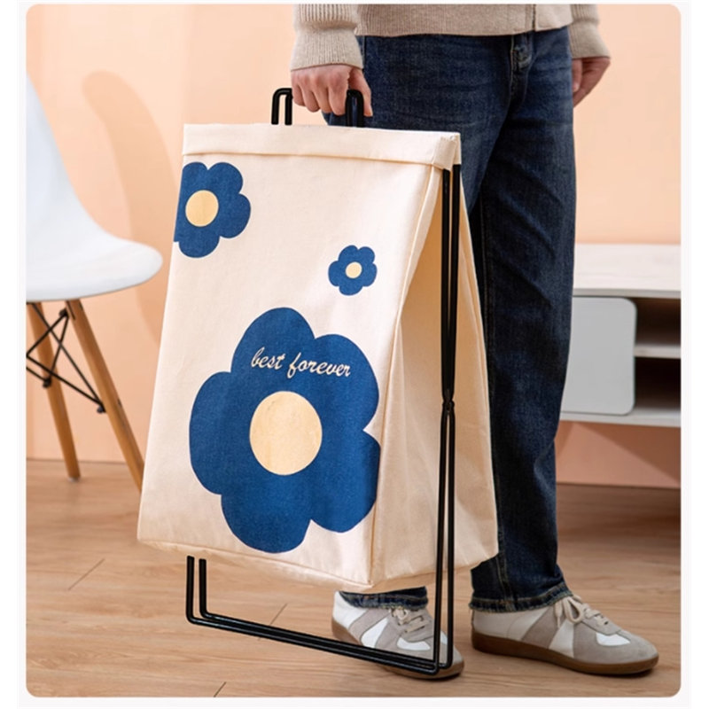 Fabric Laundry Hamper with Handles, Beige/Blue