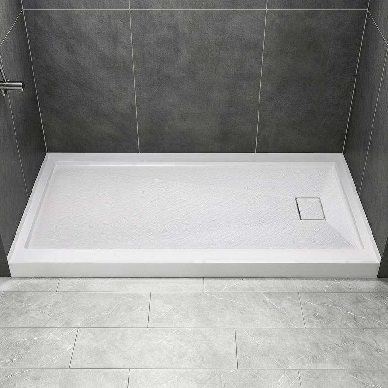 Base de douche 48 po x 32 po à surface solide blanche avec drain à droite, simple seuil, antidérapant pour installation en alcôve