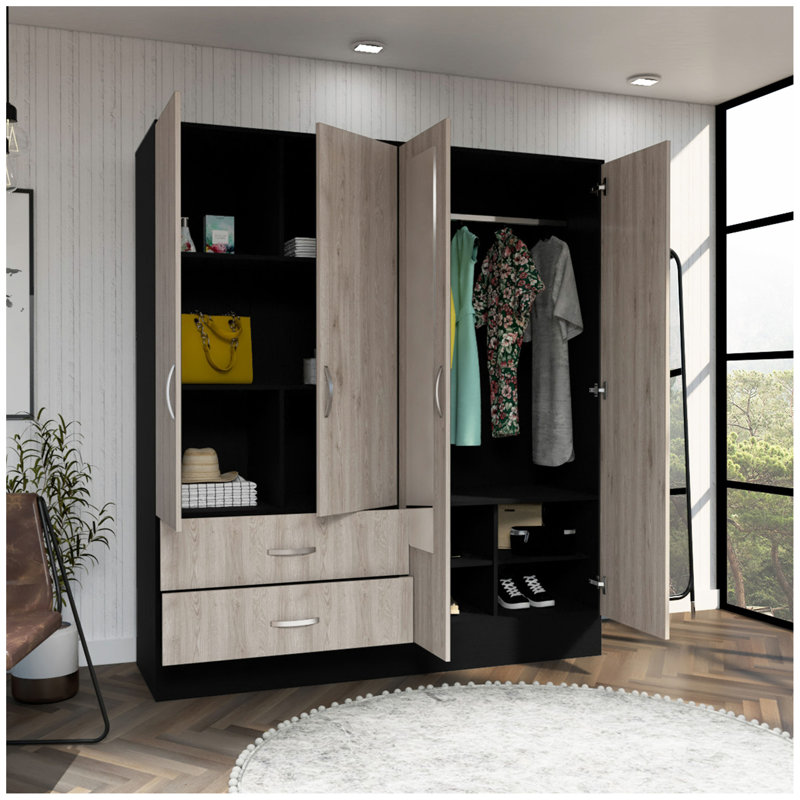 Armoire Bolton 160, six tablettes, deux armoires à deux portes, deux miroirs, deux tiroirs, tringle noire / gris clair