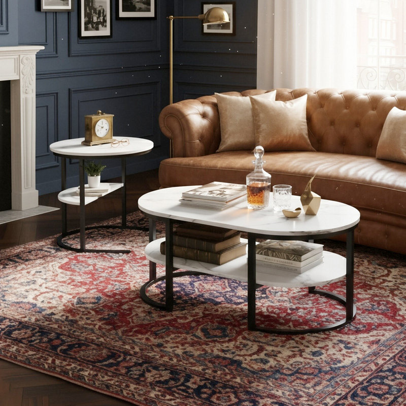 80Cm Modular Coffee Table Set (Set Of 2), Interlocking Round Side Table & Oval Table With Shelf,, Black