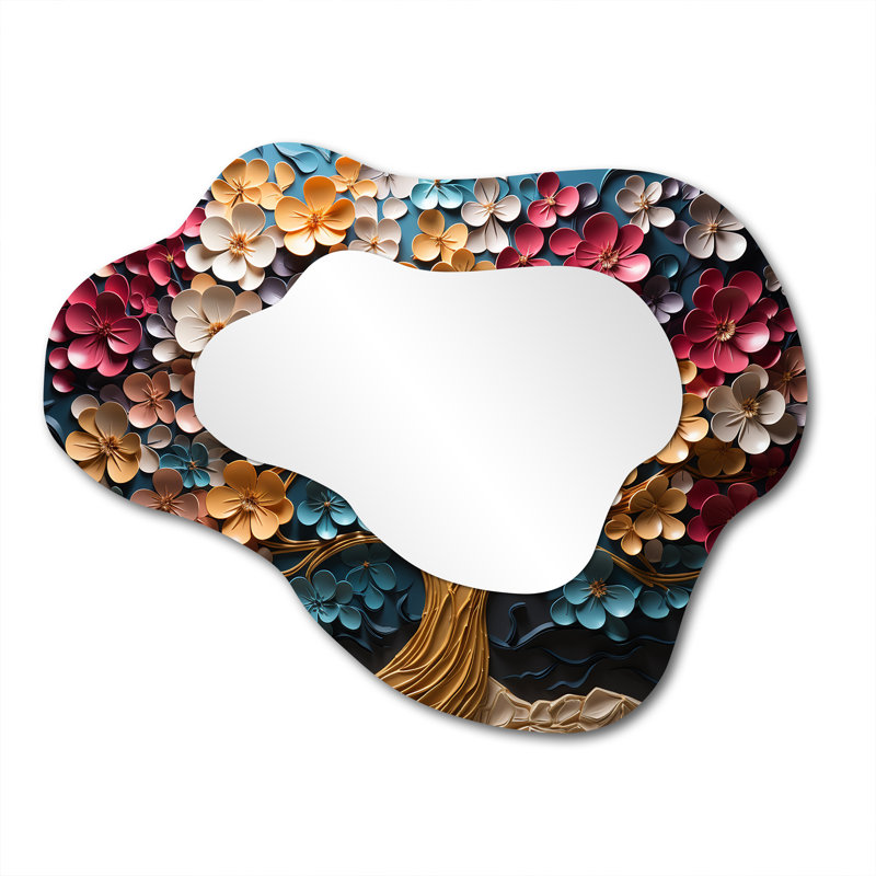 Colorful Golden Orchid Tree Garden Of Branches II - Tree Asymmetrical Mirror, Modern Cloud Decorative Wall Mirror, Printed Metal Art