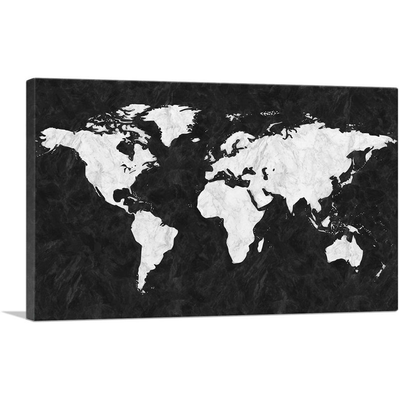 Imprimé carte du monde en marbre blanc noir - impression sur toile tendue, H 12 po x l 18 po x P 0,75 po