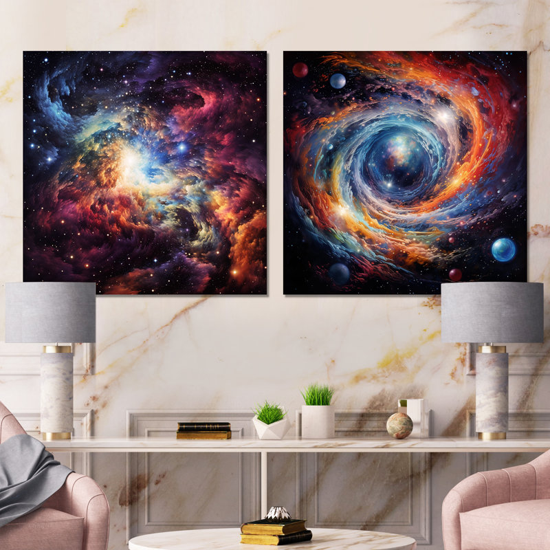 Ensemble de 2 décorations murales roses et orange Vortex IV - Galaxies, Toile tendue, H 16 po x l 33 po x P 1 po