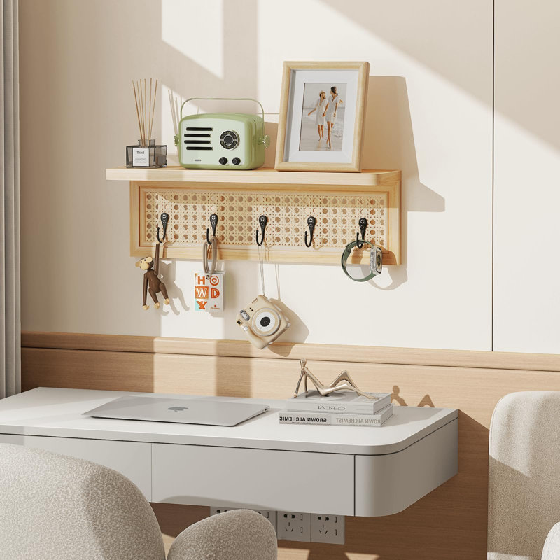 Portemanteau mural avec tablette, étagère murale d'entrée en rotin Boho avec crochets, tablettes flottantes en bois naturel avec 5 chevilles