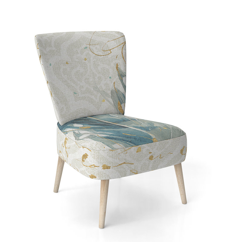 Damas / Abstrait / Motif - Chaise d'appoint rembourrée traditionnelle, Beige / or / bleu clair
