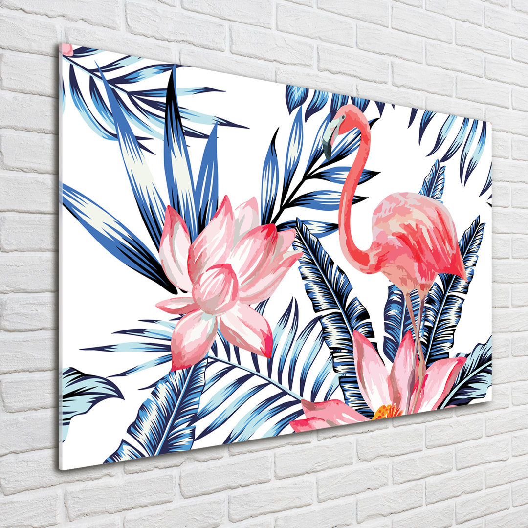 Glasbild Flamingos und Pflanzen