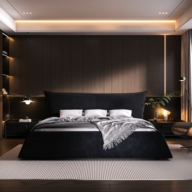 Très grand lit tapissier avec tête de lit spéciale, bois massif et métal - Rehaussez la décoration de votre chambre à coucher.