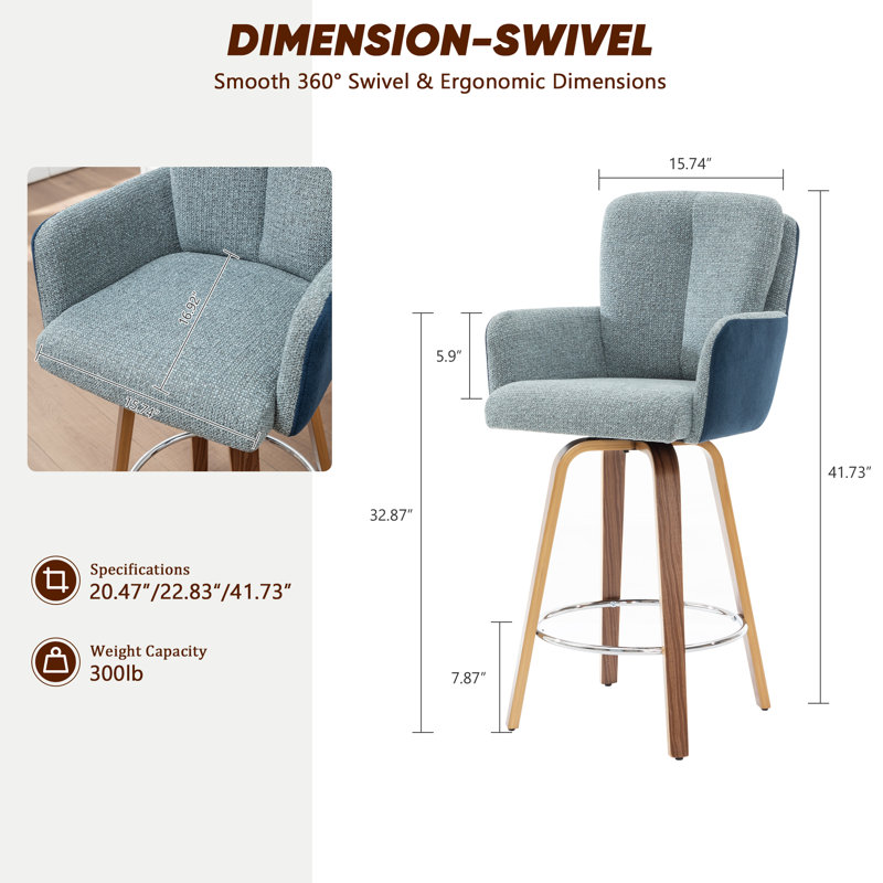 Swivel Upholstered Bar Stool with Solid Wood Frame, Blue