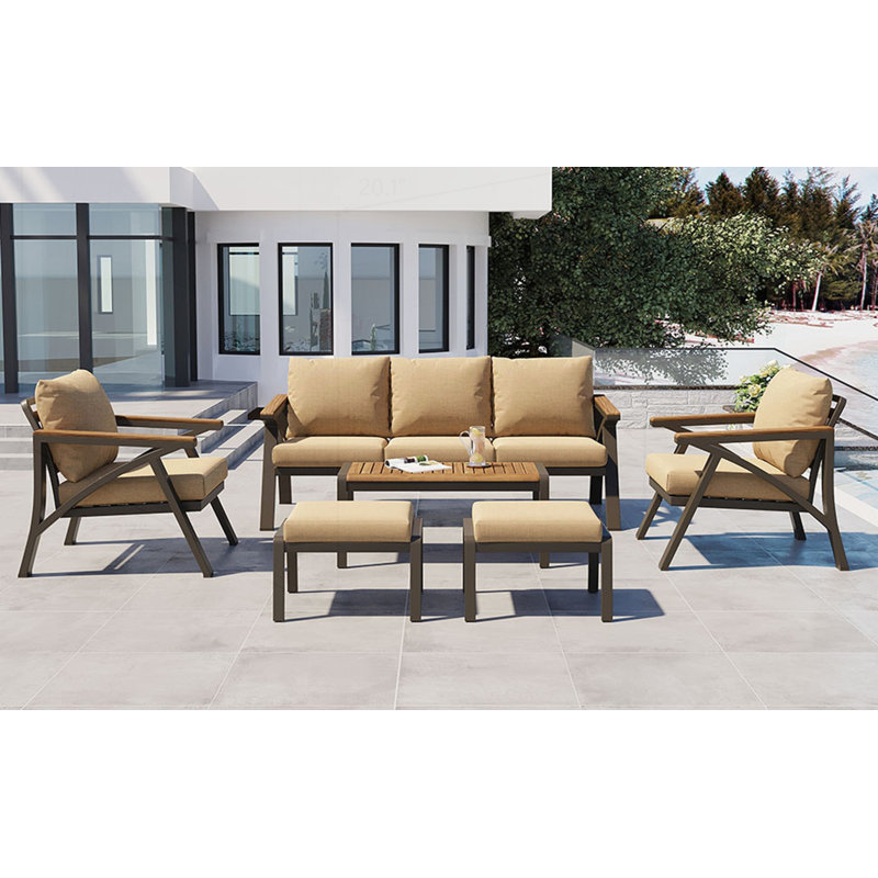 Ensemble de meubles de patio 6 pièces avec structure en acier, table en bois d'acacia et coussins confortables pour les rassemblements dans la cour et la piscine