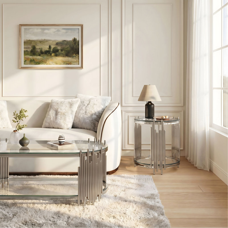 Ensemble de 2 tables gigognes ovales modernes en verre avec tiges verticales en métal Modern Luxury, Transparent / Silver