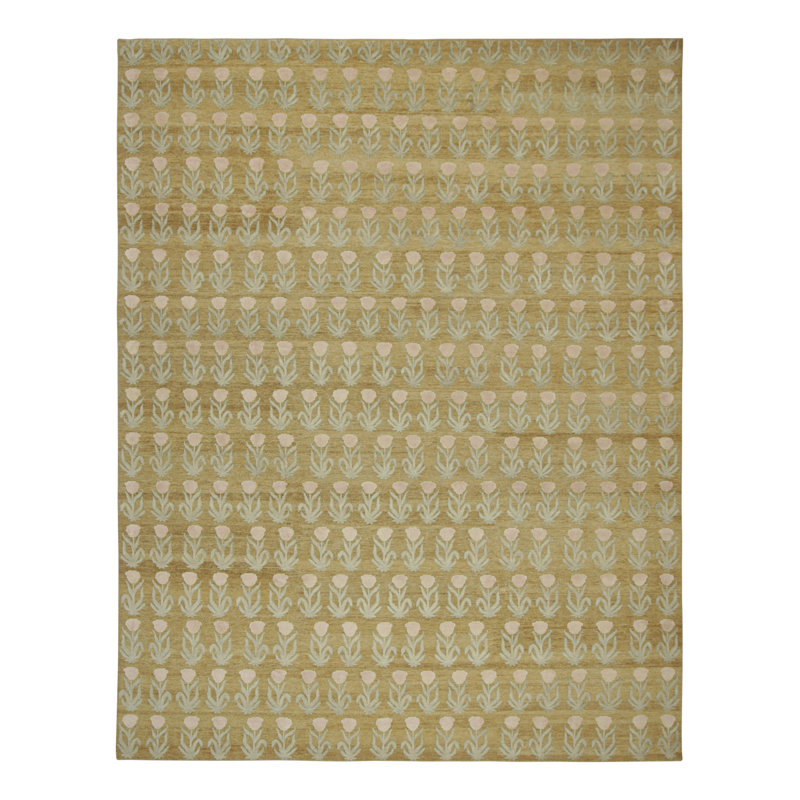 Rug & Kilim’S Block Print Custom Rug Design In Gold With Pink And Green Florals, Rectangle 10' x 14'