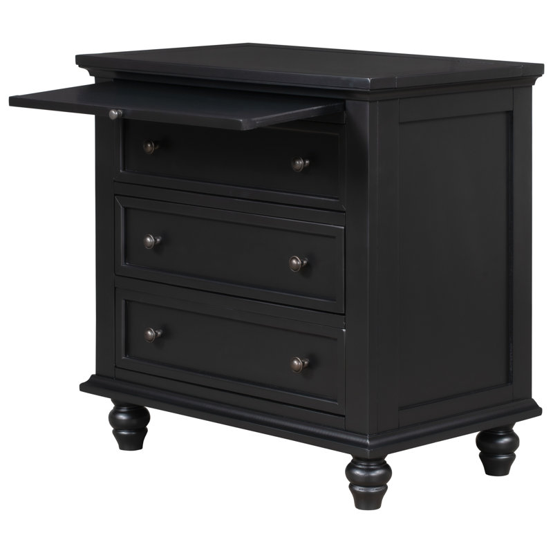 3-Drawer Storage Wood Cabinet, End Table With Pull Out Tray, Easy Assembly, Black