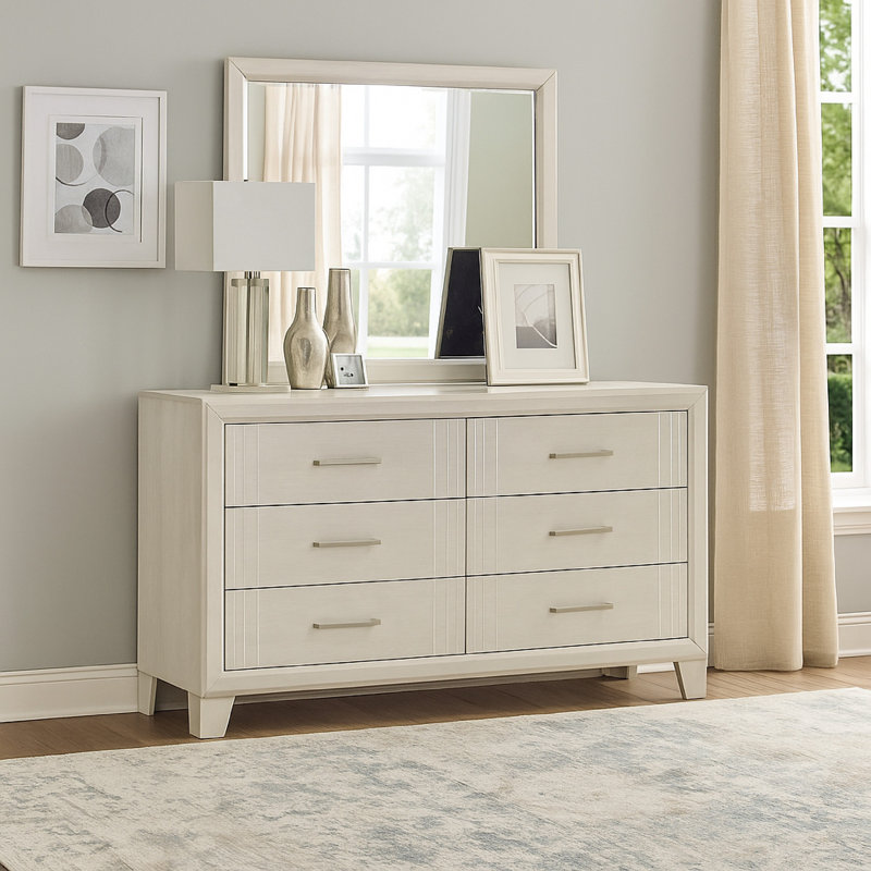 Ensemble de commode et miroir Charie, 6 tiroirs spacieux, pieds fuselés, bois blanc, White