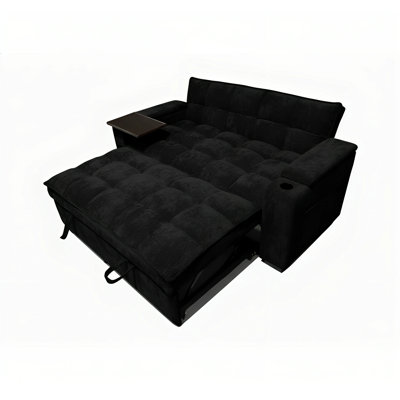68" Sleeper Sofa Bed With Pull Out Bed, 3-in-1 Couch Bed With Detachable Table | Storage Armrests | Adjustable Backrest | Side Pockets | Usb Charging | Cup Holder | Tufted Design | Black Chenille