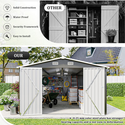 Outdoor Storage Shed 10 X 14 Feet With 3 Lockable Doors, Utility Shed Metal Storage Garden Shed Frame And 4 Vents