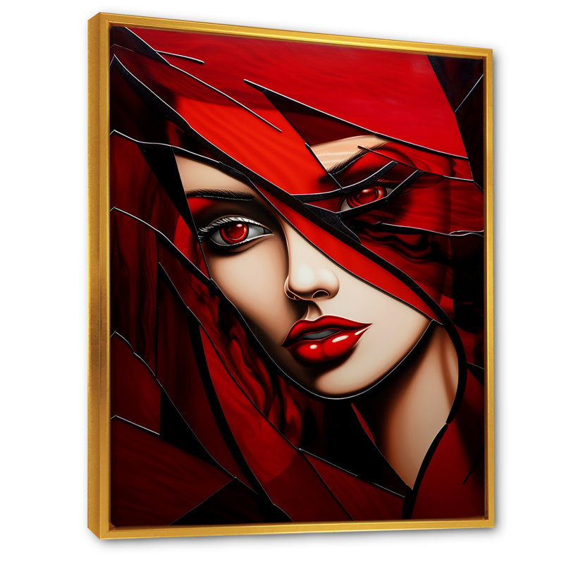 Portrait de femme cubique Ruby Radiance - impression, Cadre flottant doré, H 40 po x l 30 po x P 1,5 po