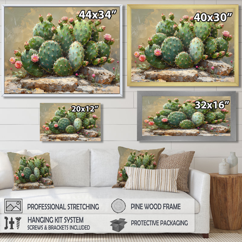 Décoration florale cactus vert lueur rose I - Cactus floral, Toile tendue, H 12 po x l 20 po x P 1 po