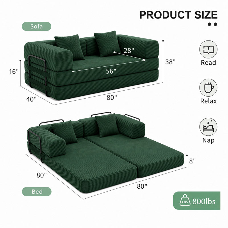  80" Convertible 4-in-1 Sleeper Sofa Bed With Removable Armrests, Green