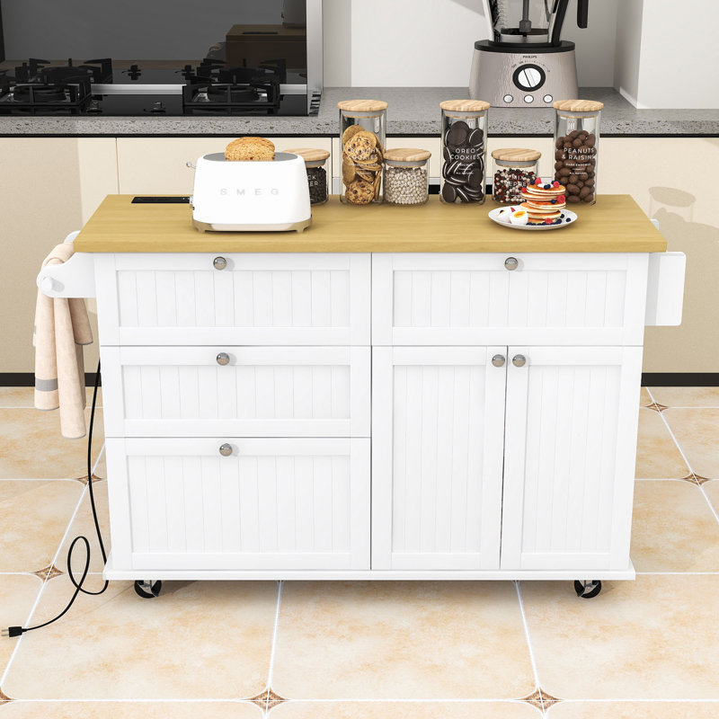 Farmhouse Rolling Kitchen Island with Drop Leaf, Storage Cabinet, Drawers, Power Outlet and 2 Stools, White