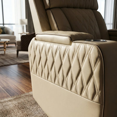 Fauteuil inclinable électrique en cuir beige à une place avec accoudoirs de rangement, porte-gobelets, port USB, lumières DEL, fonction de sommeil à 170 ° pour le salon
